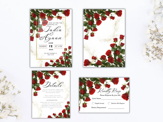 Red Rose Wedding Invitation , dark red floral gold frame border invite, Elegant Red Rose wedding Invitation, ,Shimmey, Editable A1 Majestic