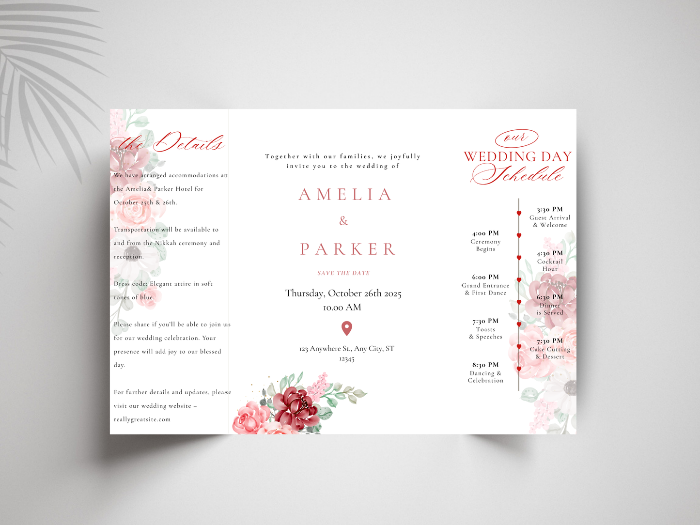 Elegant Floral Wedding Invitation Trifold Card Itinerary and Details Template Modern Editable Printable Invite. WI172