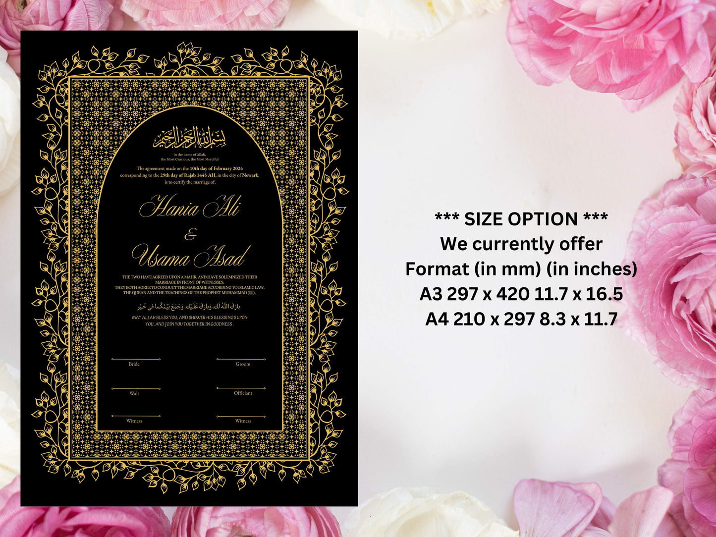 Nikkah Certificate, Marriage Contract Template , Wedding Contract, A3/A4, Personalised Nikah Nama, Nikkah Gift, Muslim Agreement. NN224