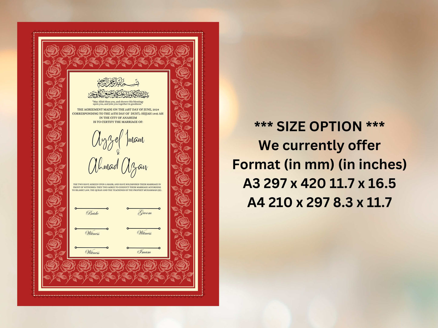 Rose Nikkah Certificate Template, Editable Nikkahnama, Printable Nikah Contract, Muslim Contract, Red Nikkah Islamic Marriage Contract.NN253
