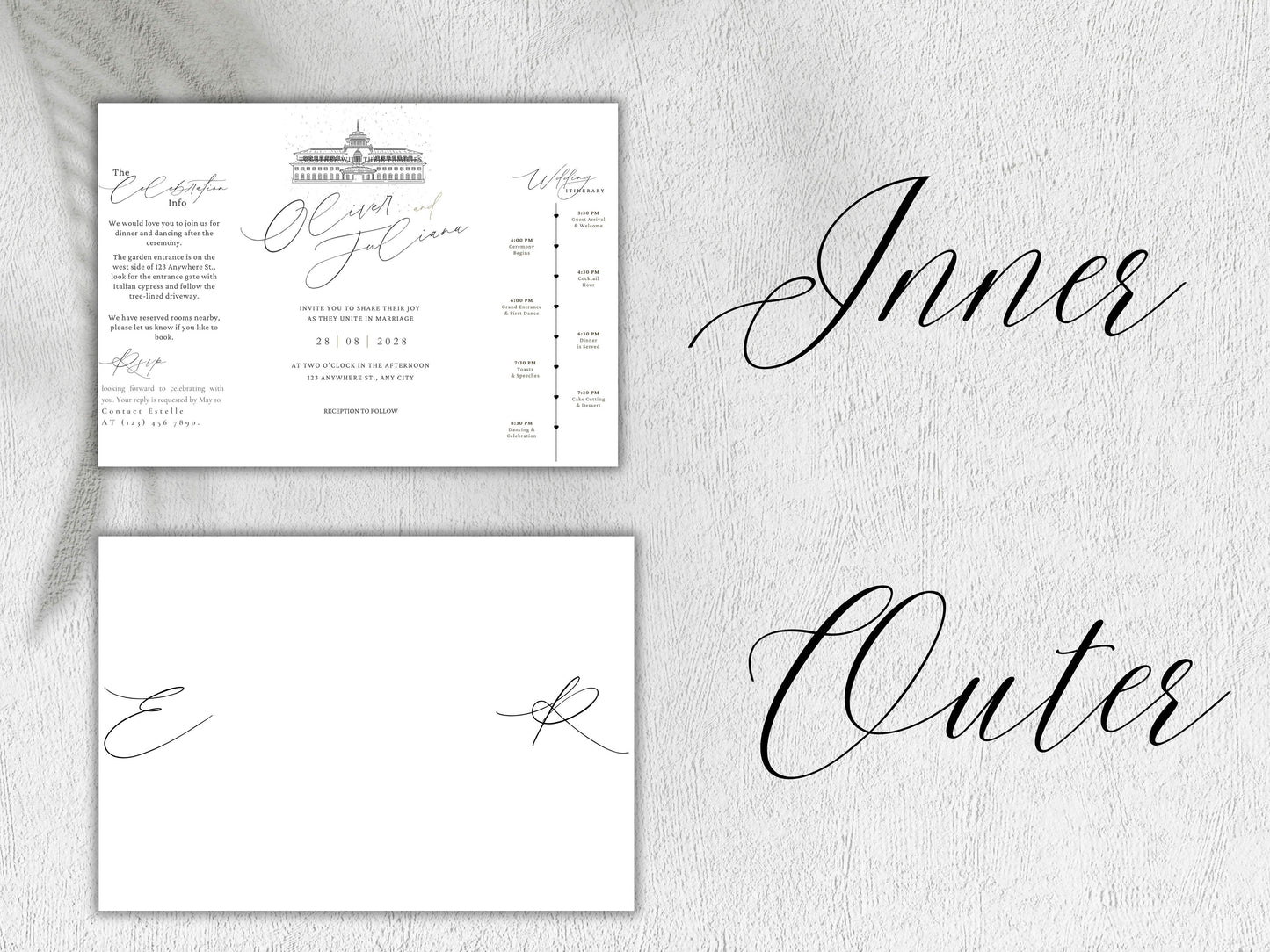 Elegant Gatefold Wedding Invitation | Modern Black & White Folded Invite | Printable Wedding Suite | RSVP and Itinerary Template. WI135