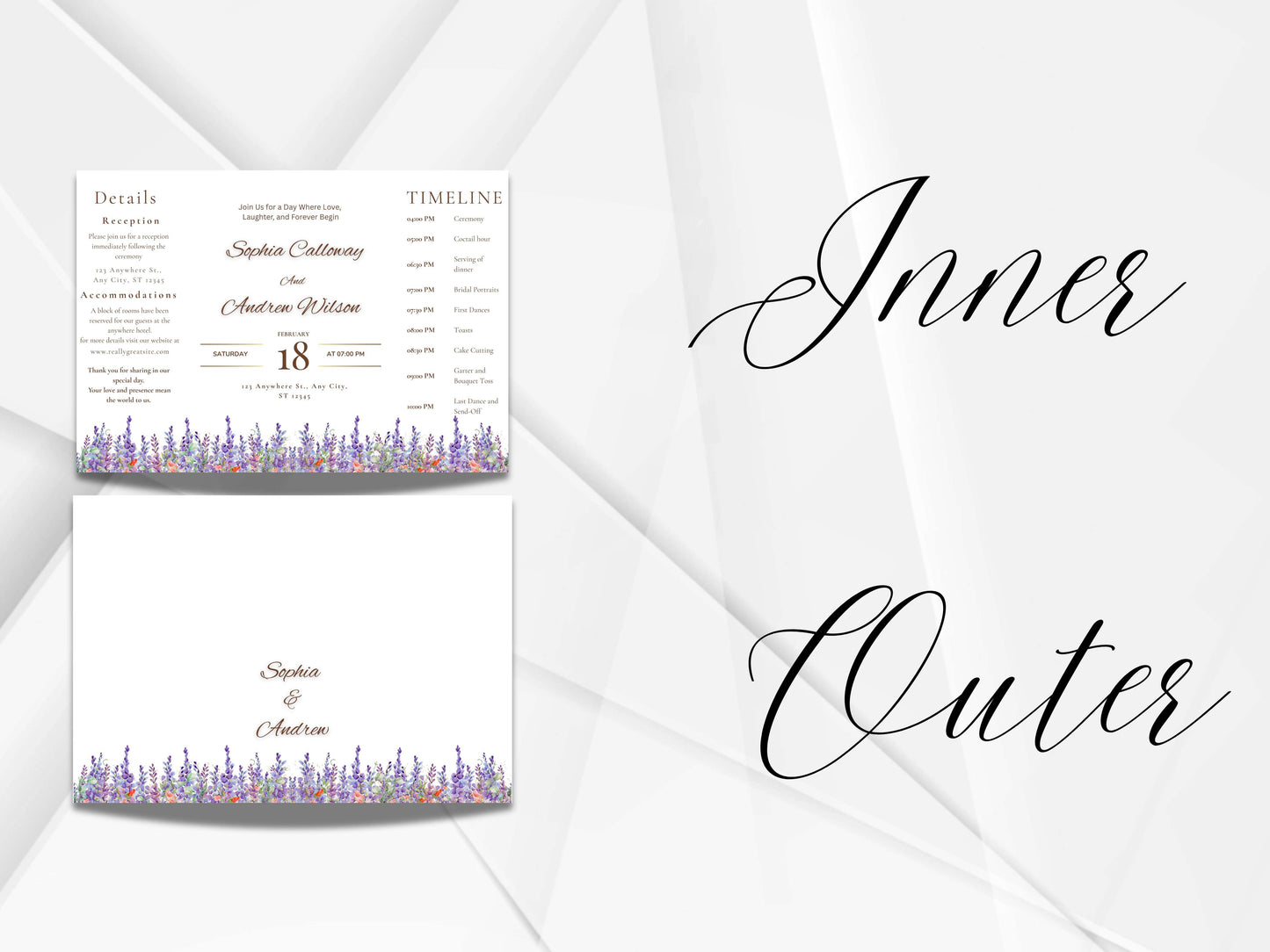 Elegant Floral Wedding Invitation with Timeline & Details | Purple Lavender Watercolor Template | Printable Reception Card. WIB130