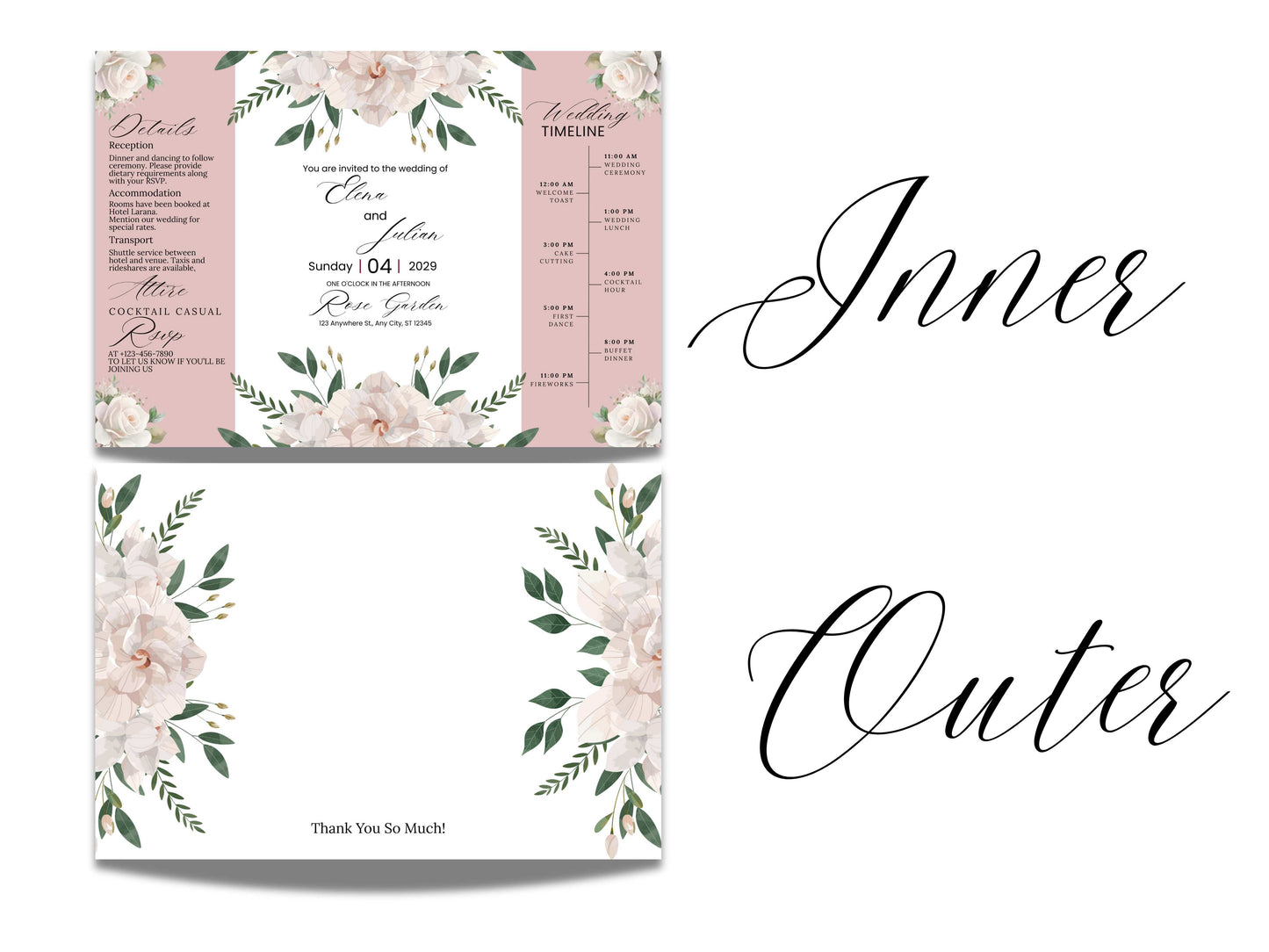 Gatefold Floral Wedding Invitation with Timeline – Rose Garden Theme | Gatefold Editable Invite | Editable Template. WIB120
