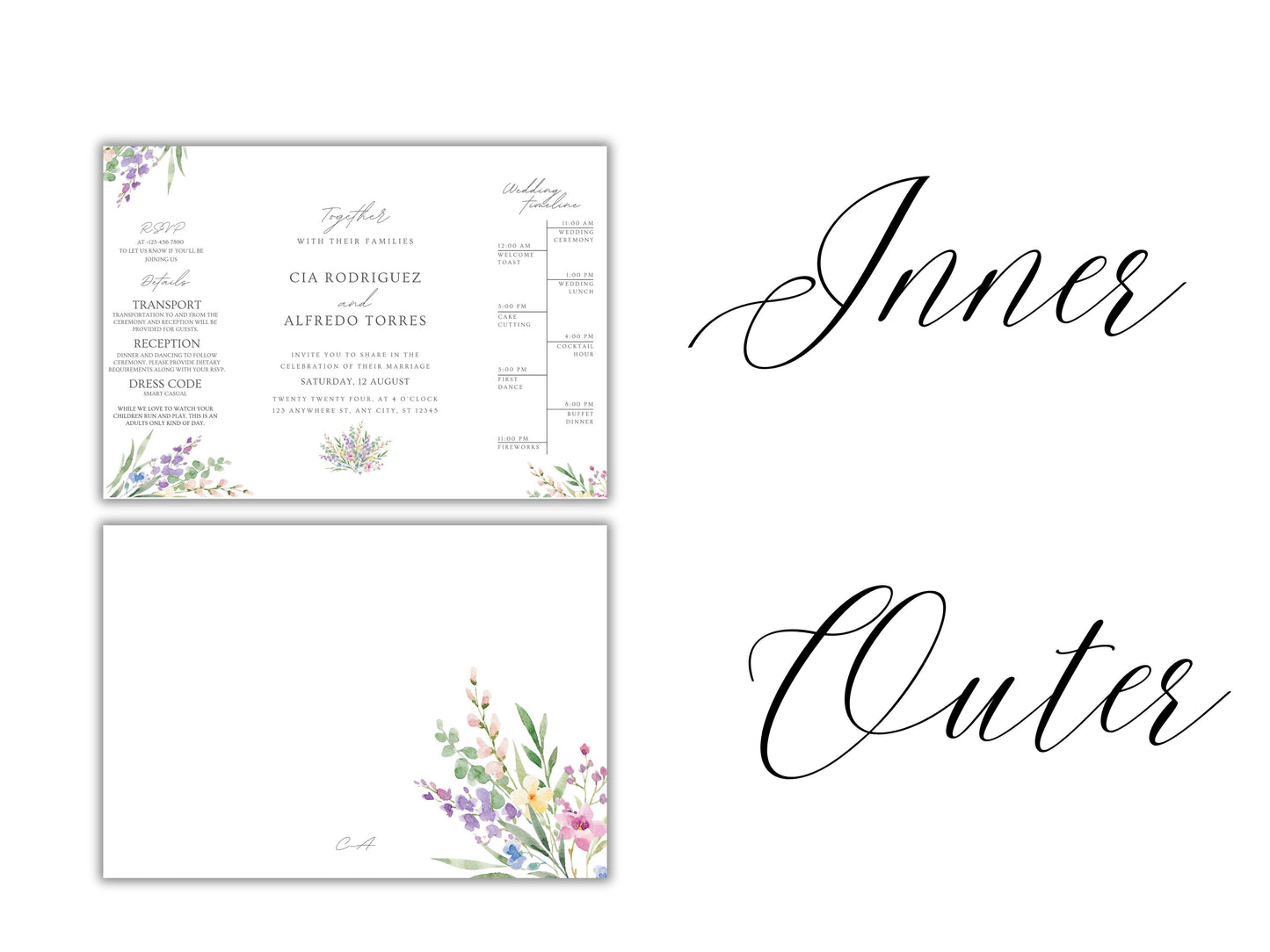 Elegant Floral Gatefold Wedding Invitation | Modern Minimalist Invite | Rustic Boho Wedding Card with Timeline & RSVP Details. WI131