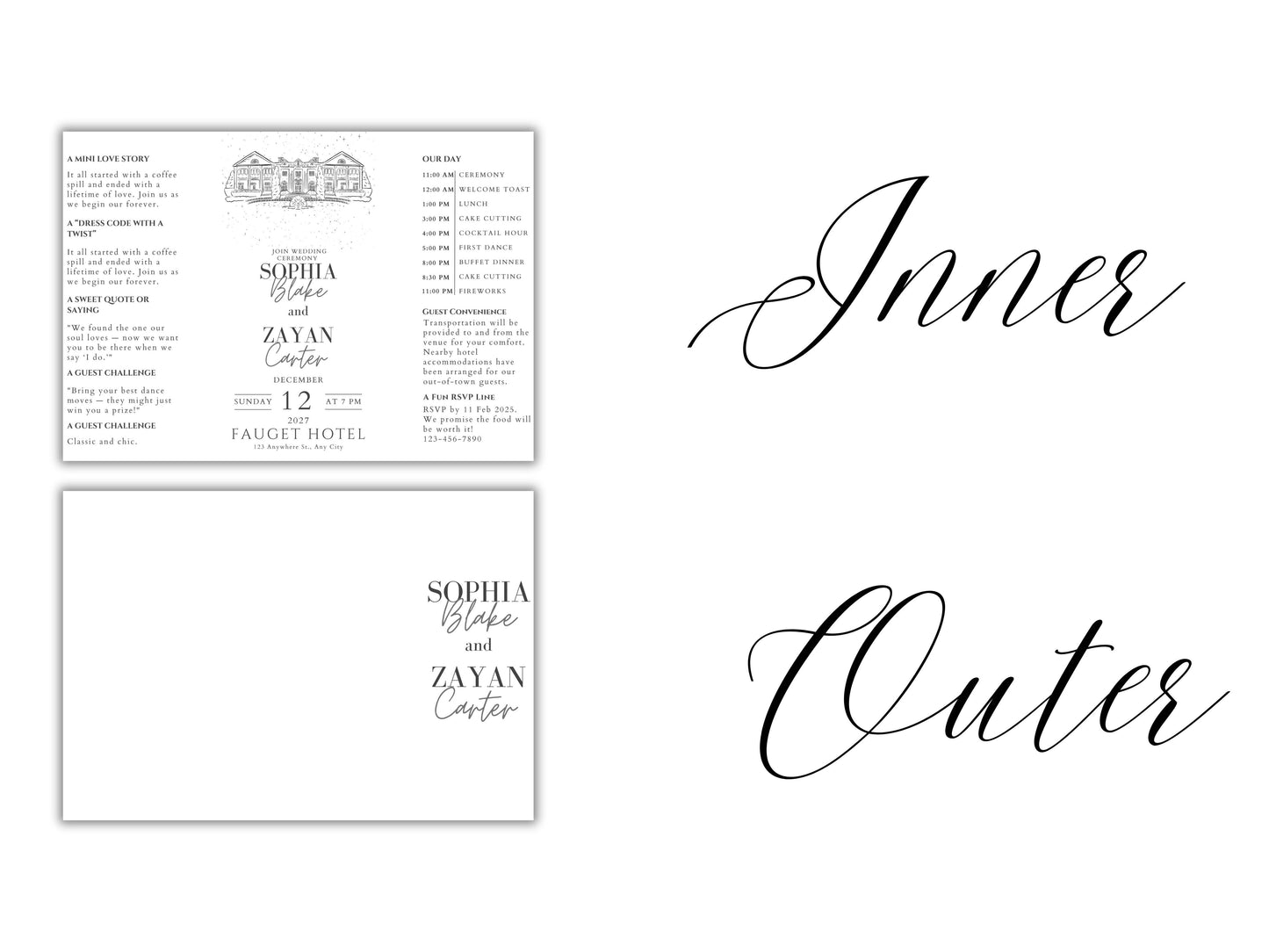 Minimalist Wedding Invitation Fold Card | Elegant Modern Wedding Timeline & Details | Printable or Printed Invite. WIB129
