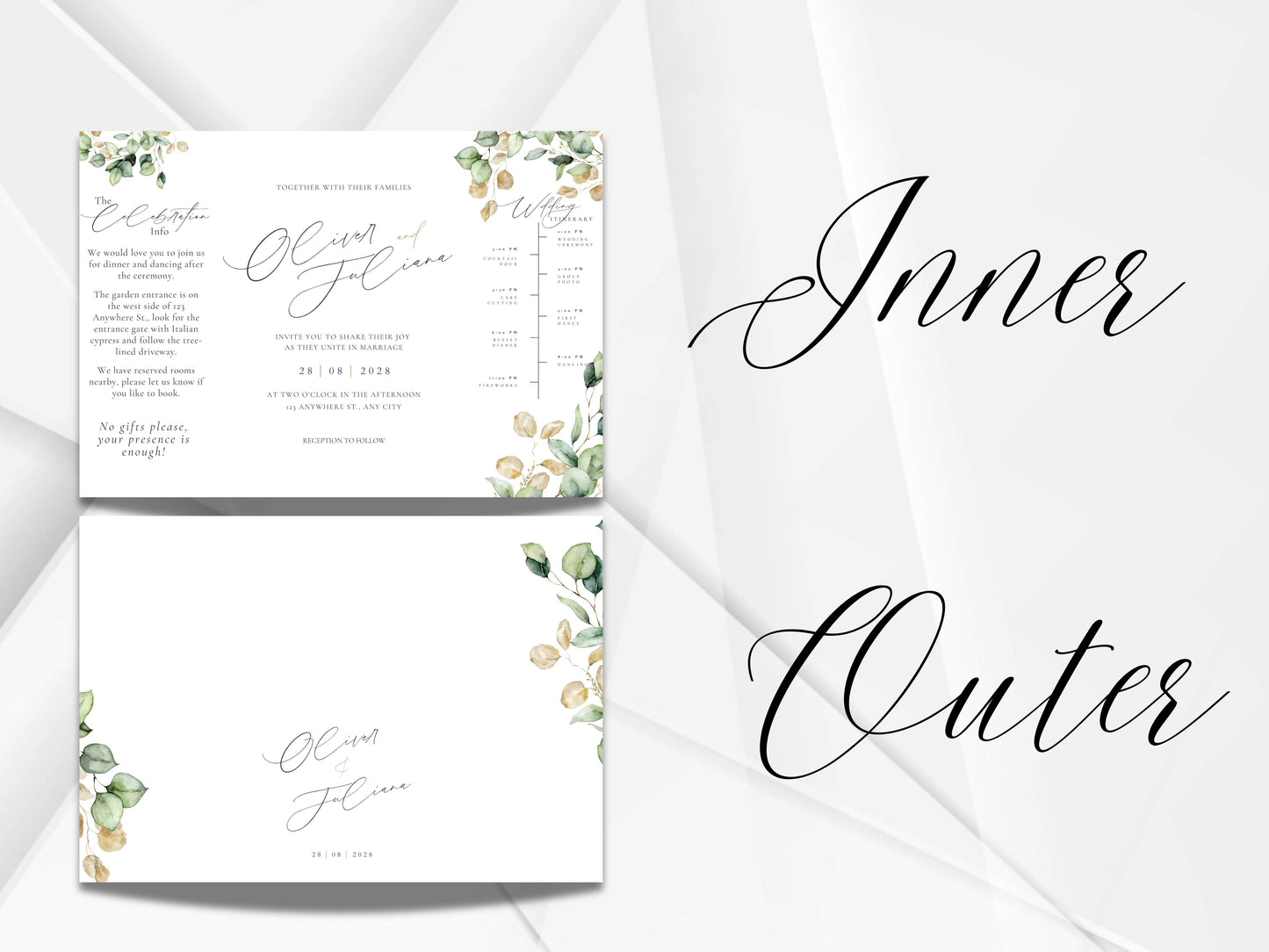 Gatefold Wedding Invitation Template | Green Folded Invite | Printable Ceremony Card | Modern Wedding Schedule Design. WIB127