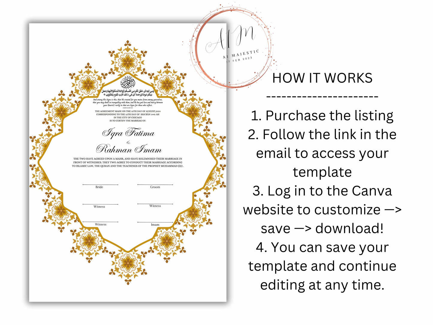 Nikkah Certificate Digital Download Personalised, A4, A3, Nikkah Contract, Muslim Nikkah Certificate Template, Instat Download. NN229