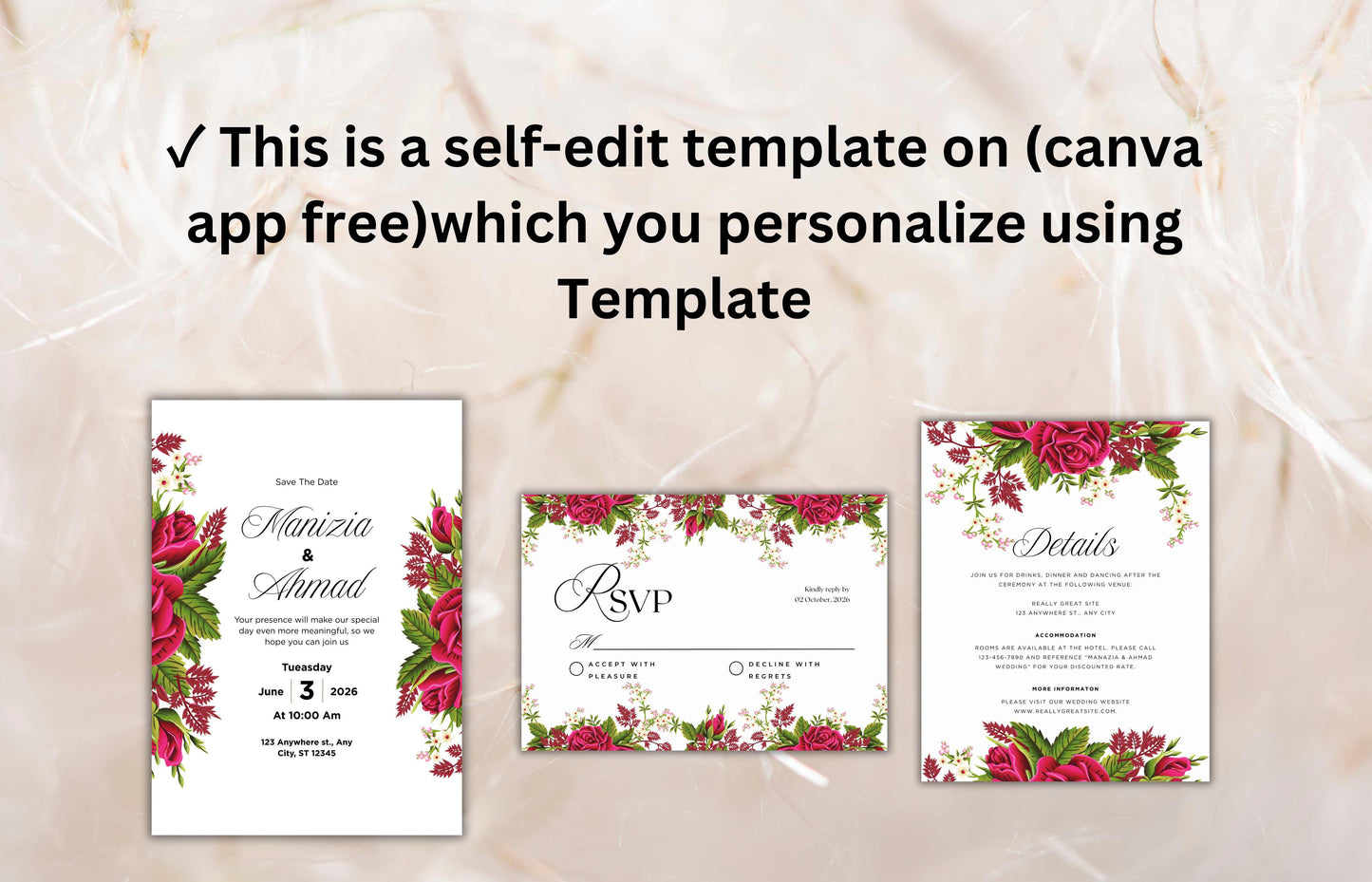 Floral Wedding Invitation Set Template, Printable Hot Pink Rose Wedding Invite Suite, Boho Wedding Template, RSVP Card, Details Card. WIB73
