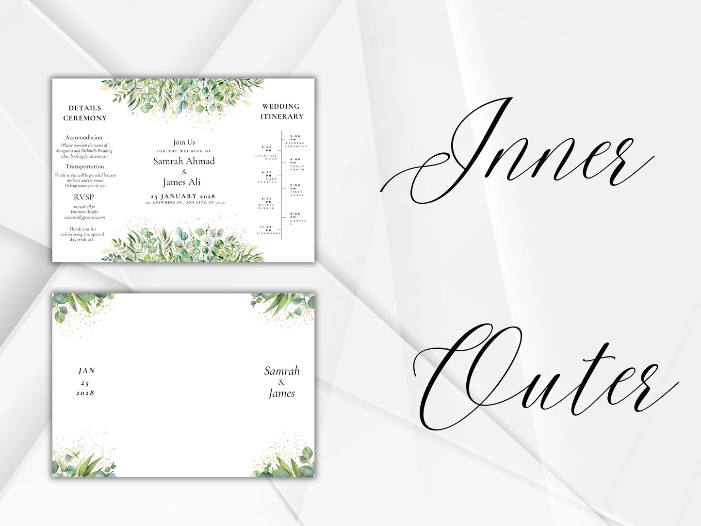 Greenery Gatefold Wedding Invitation | Printable Floral Invite | Gatefold Invite | Editable Template | Modern Wedding Itinerary | WIB128
