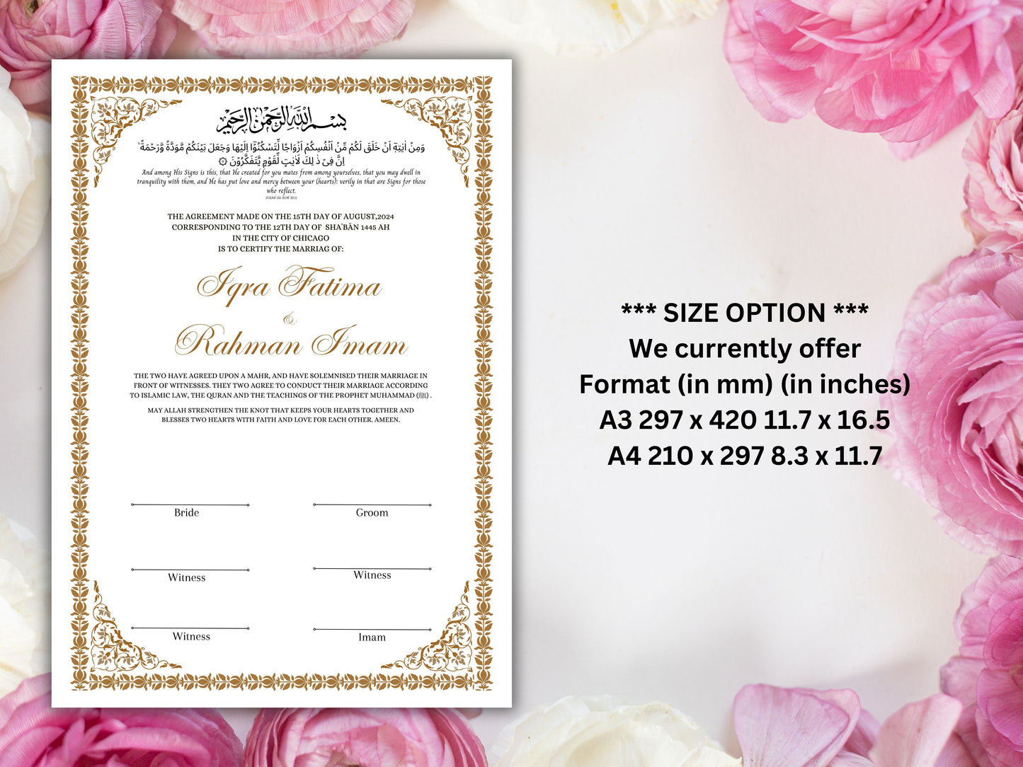 Nikkah Certificate, Nikkah Islamic Marriage Certificate, Printable, Custom Name Nikkah. Quran Verse, Digital Download. NN218