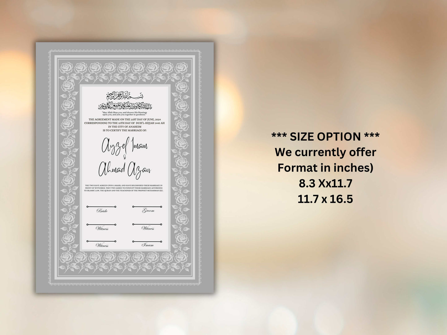 Rose Nikkah Certificate Template, Editable Nikkahnama, Printable Nikah Contract, Muslim Contract, Nikkah Islamic Marriage Contract.NN256