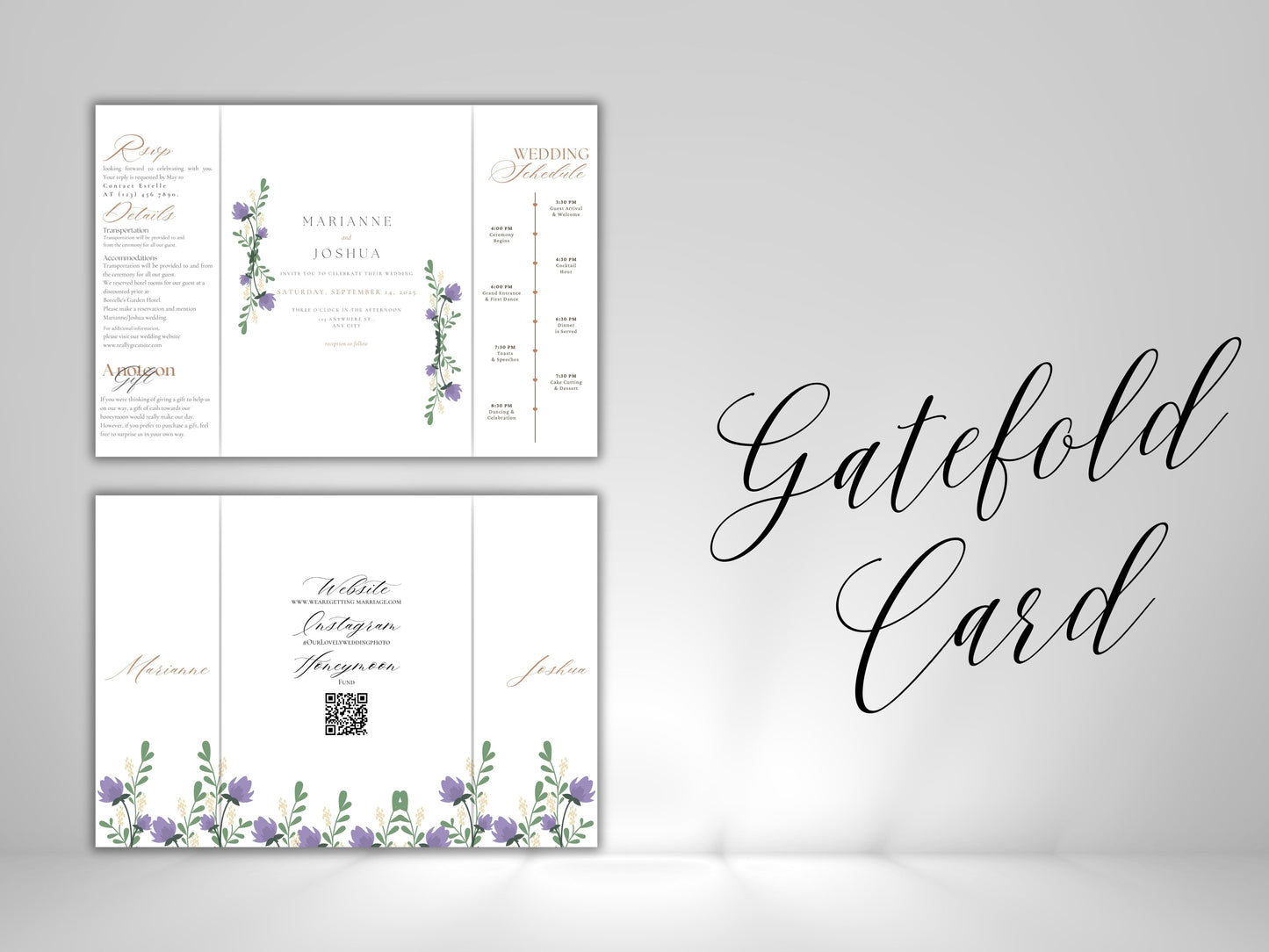 Elegant Floral Gatefold Wedding Invitation with Timeline | Rustic Folded Wedding Card | Botanical RSVP Invite | Digital WIB124