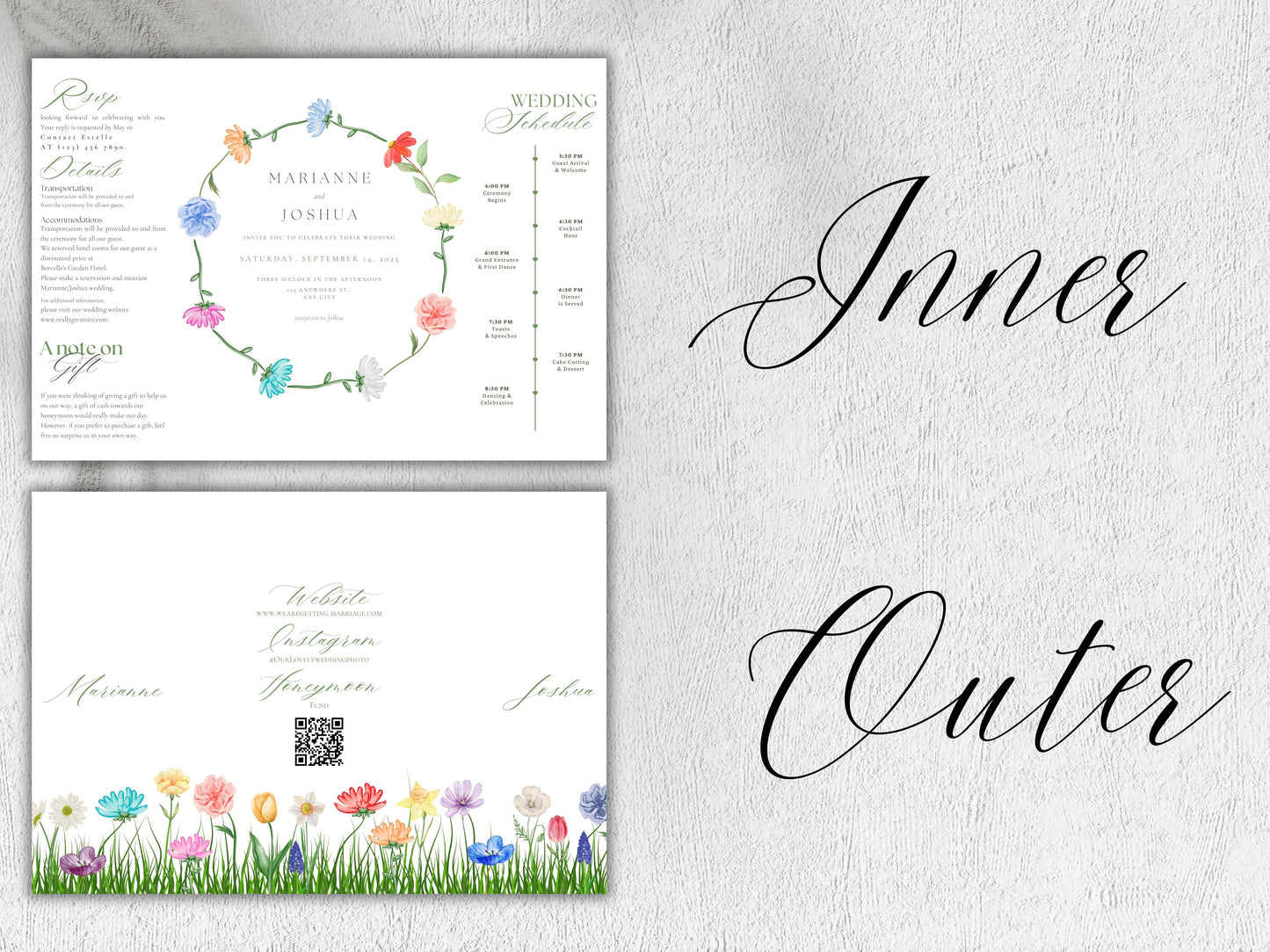 Elegant Gatefold Wedding Invitation | Floral Folded Invite | Printable Wedding Template | RSVP & Details Card | Editable PDF. WI134