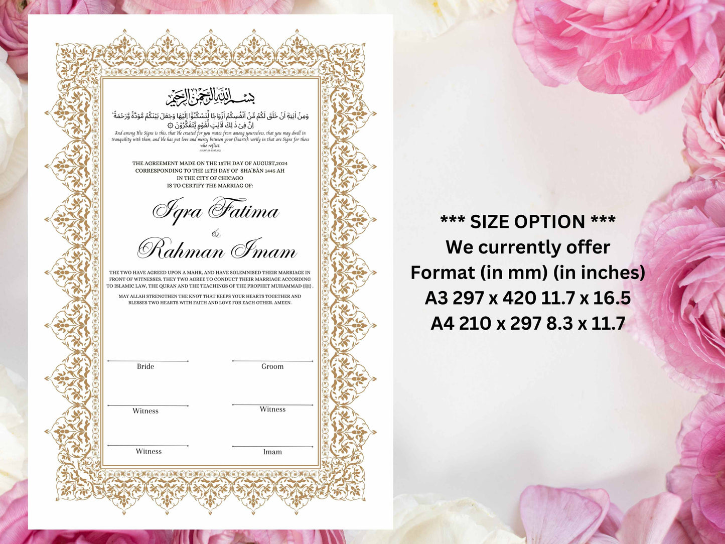 Nikkah Certificate, Nikkah Islamic Marriage Certificate, Printable, Custom Name Nikkah. Quran Verse, Digital Download. NN223