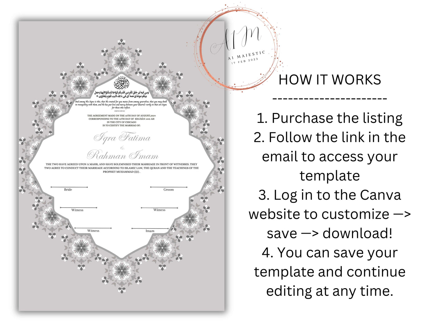 Nikkah Certificate Digital Download Personalised, A4, A3, Template, Editable, Nikkah Contract, Muslim Contract. NN230