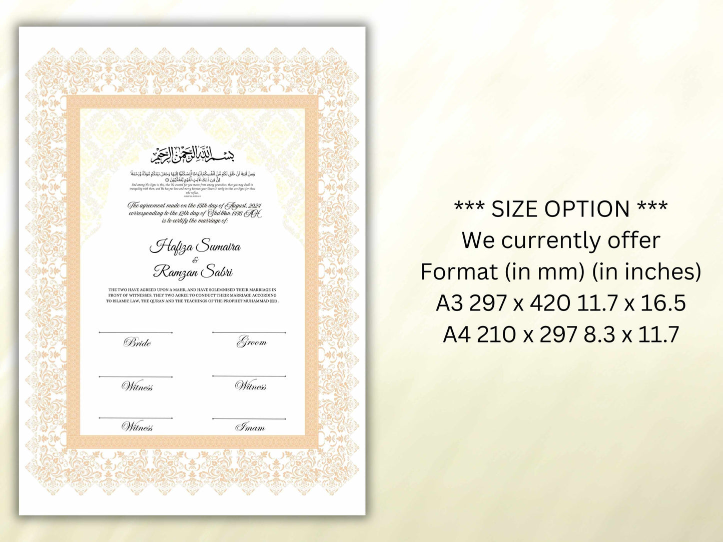Nikkah Certificate Digital Download Personalised, A4, A3, Template, Editable, Brown Nikkah Nama, Nikkah Contract, Muslim Contract. NN288