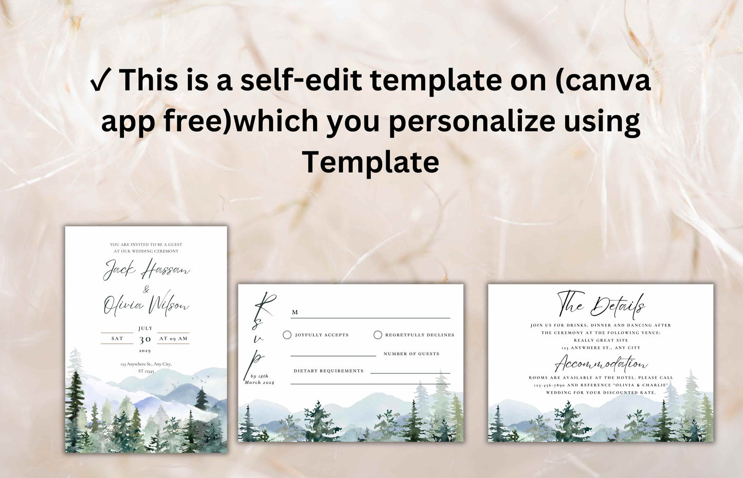 Mountain Wedding Invitation Template Set Pine Tree Wedding Suite, Details Card, Printable RSVP, Outdoor Wedding Invite. WI92