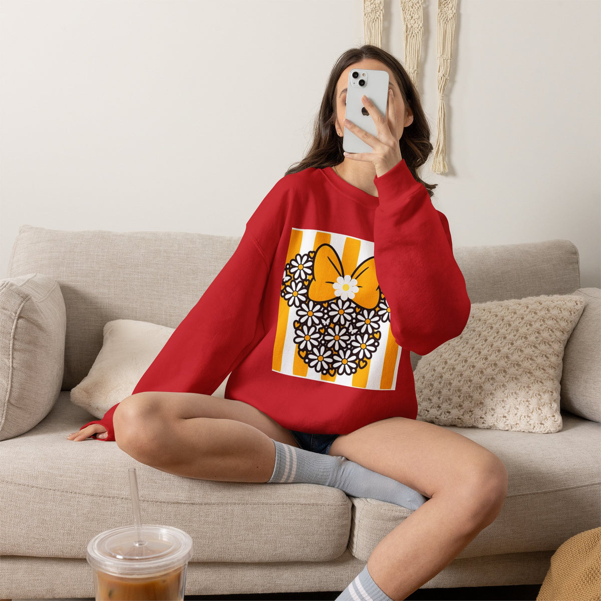 Floral Mouse Head Sweatshirt — Yellow Daisy Bow Crewneck