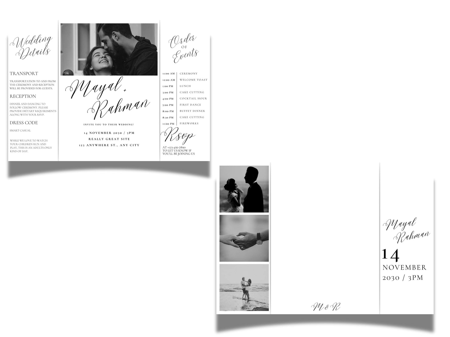 Gatefold Wedding Invitation Template | Elegant Black & White Folded Invite with RSVP Timeline | Printable Wedding Card with Photo. WEIB123