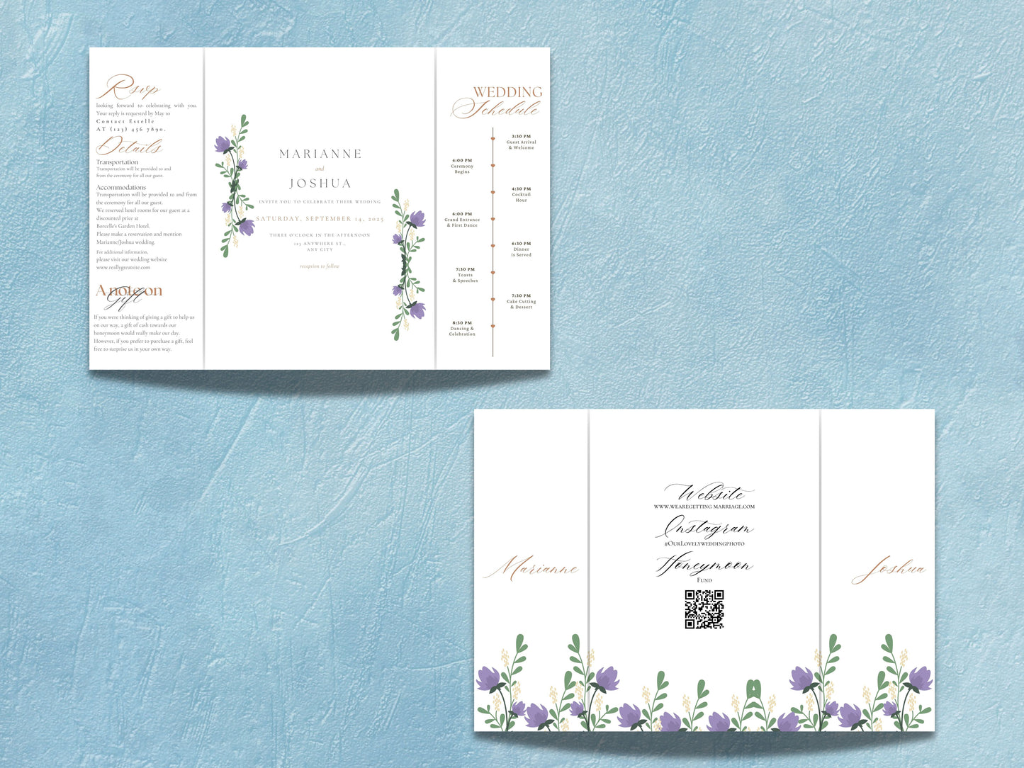 Elegant Floral Gatefold Wedding Invitation with Timeline | Rustic Folded Wedding Card | Botanical RSVP Invite | Digital WIB124