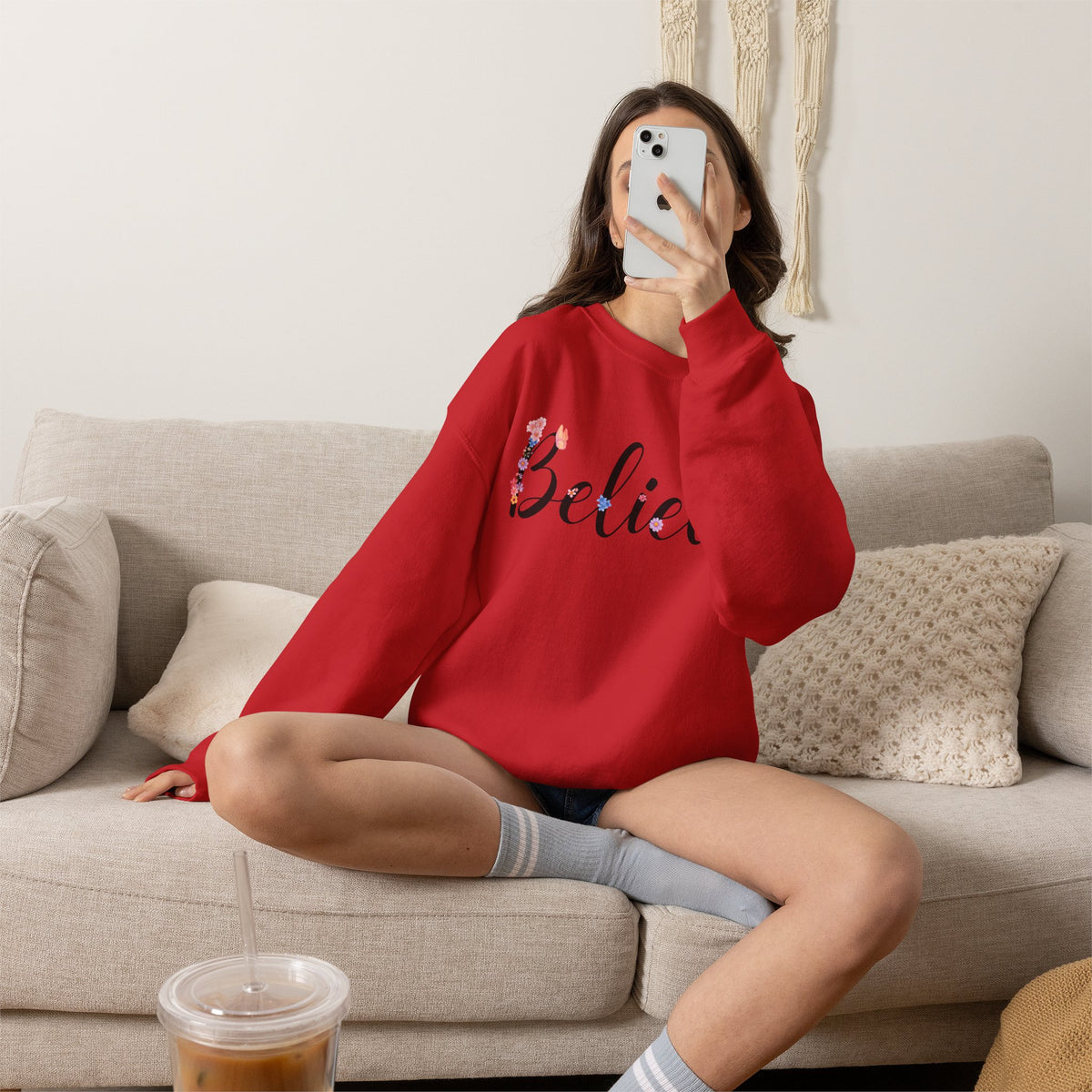 Believe Floral Crewneck Sweatshirt — Inspirational White Pullover