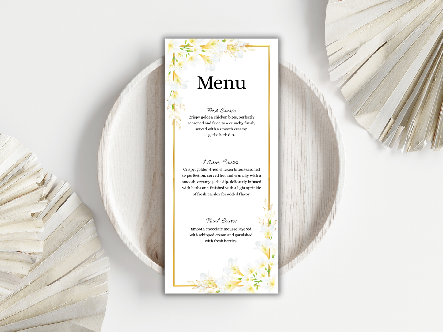 White Lily Wedding invitation Card, Gold Floral Menu Template, Detailed, RVSP, Editable Thank You, Bottle Label, Table Card, MTC373