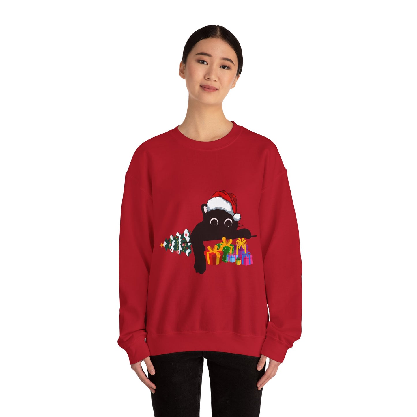 Christmas Cute Cat Sweatshirt Cat Lover Crew Neck Sweatshirt