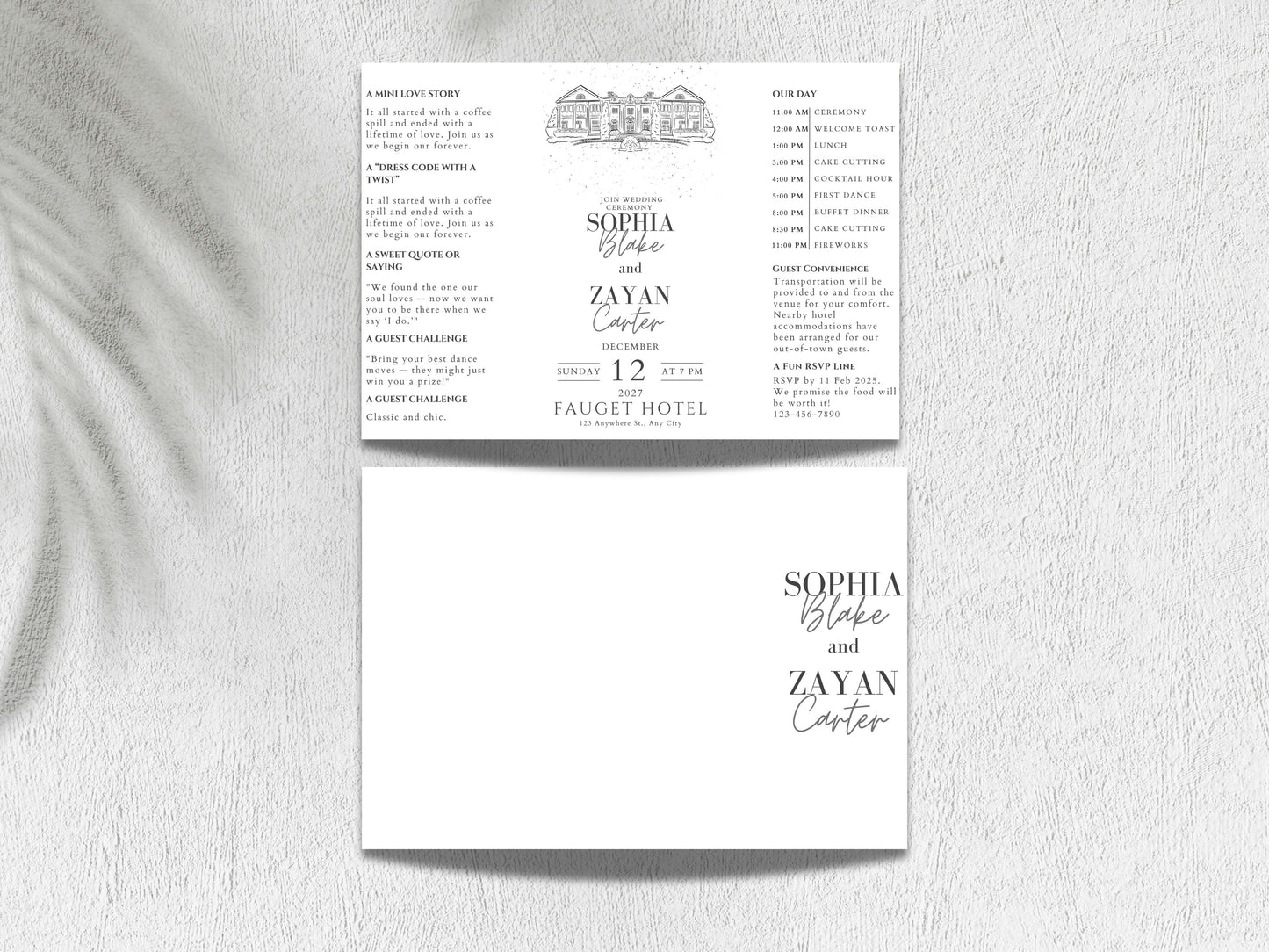 Minimalist Wedding Invitation Fold Card | Elegant Modern Wedding Timeline & Details | Printable or Printed Invite. WIB129