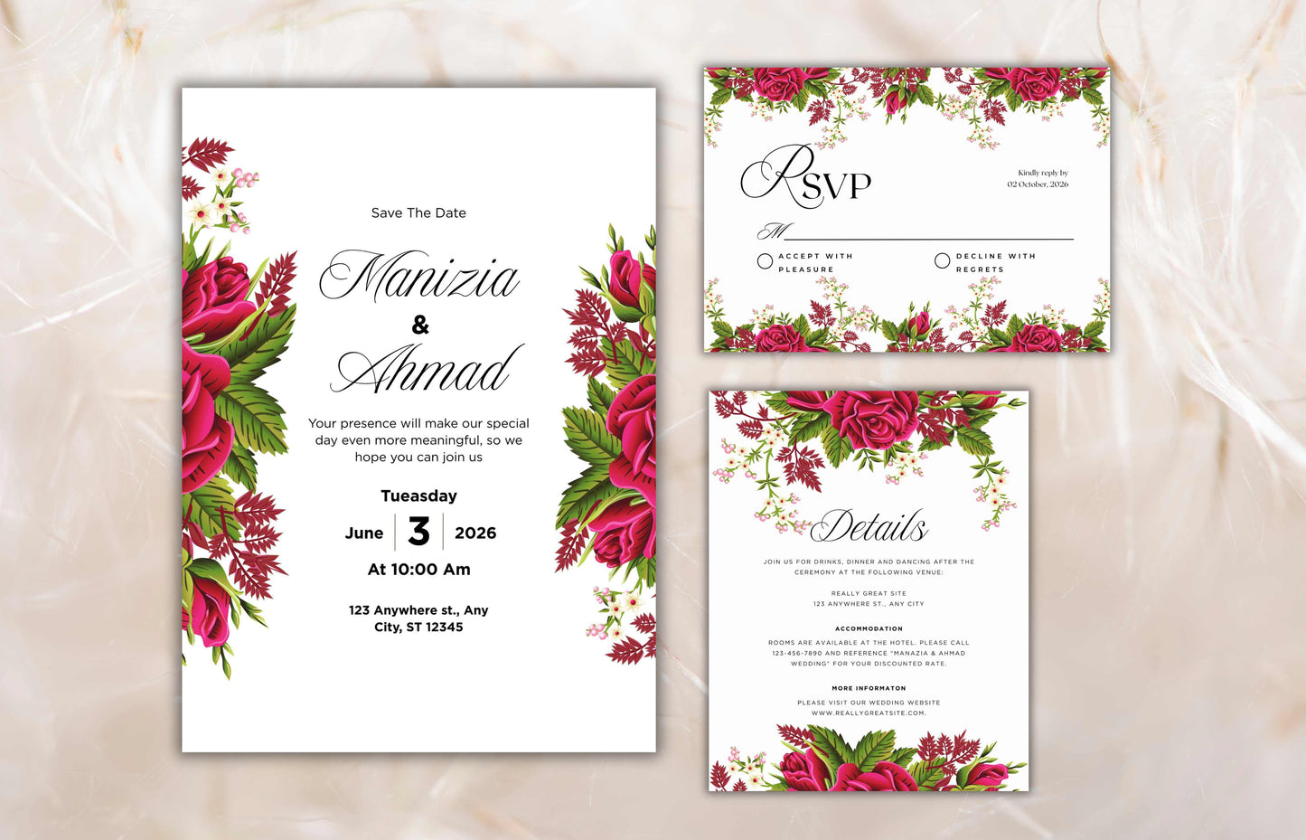 Floral Wedding Invitation Set Template, Printable Hot Pink Rose Wedding Invite Suite, Boho Wedding Template, RSVP Card, Details Card. WIB73