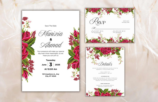 Floral Wedding Invitation Set Template, Printable Hot Pink Rose Wedding Invite Suite, Boho Wedding Template, RSVP Card, Details Card. WIB73