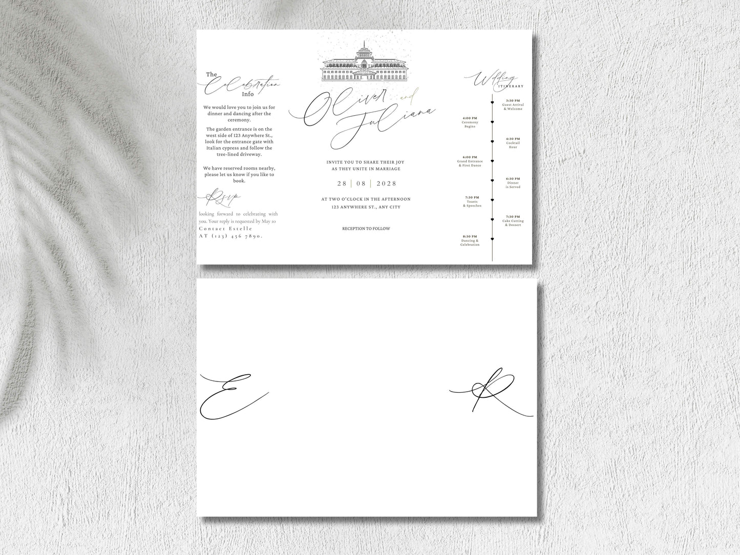 Elegant Gatefold Wedding Invitation | Modern Black & White Folded Invite | Printable Wedding Suite | RSVP and Itinerary Template. WI135