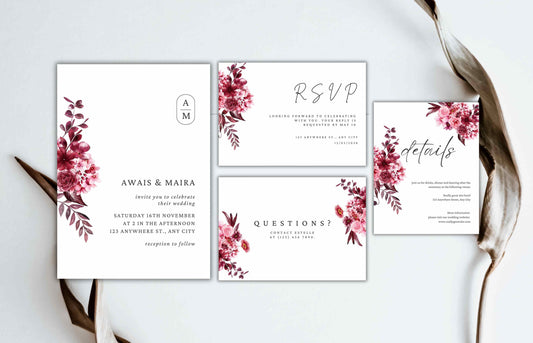 Wedding Invitation Suite, Maroon Wedding Invite Set, Editable Rsvp Card Template, 3 Piece Invitation Bundle, Details Card, WI108