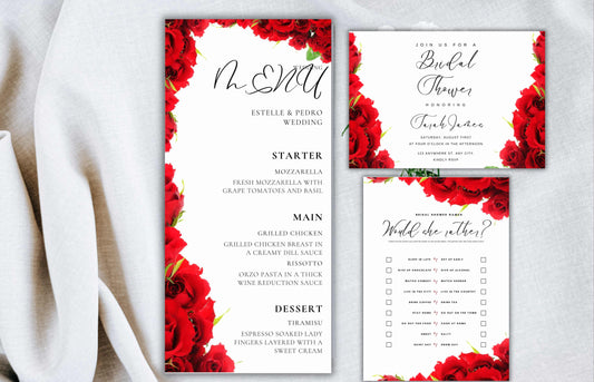 Red Rose Wedding Invitation Bundle, RSVP, Thank You Card, Red Rose Bridal Shower, Games Wedding Party Menu, Details Card, Template, WB1