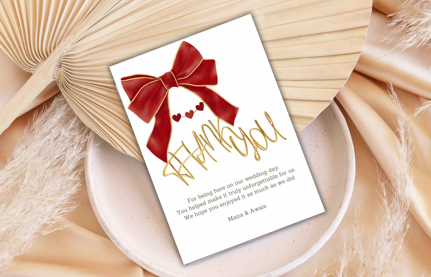 Bow Wedding Thank you Card, Ribbon Thank you Template, Red and White, Coquette Marriage Template, Minimalist Design. WS47