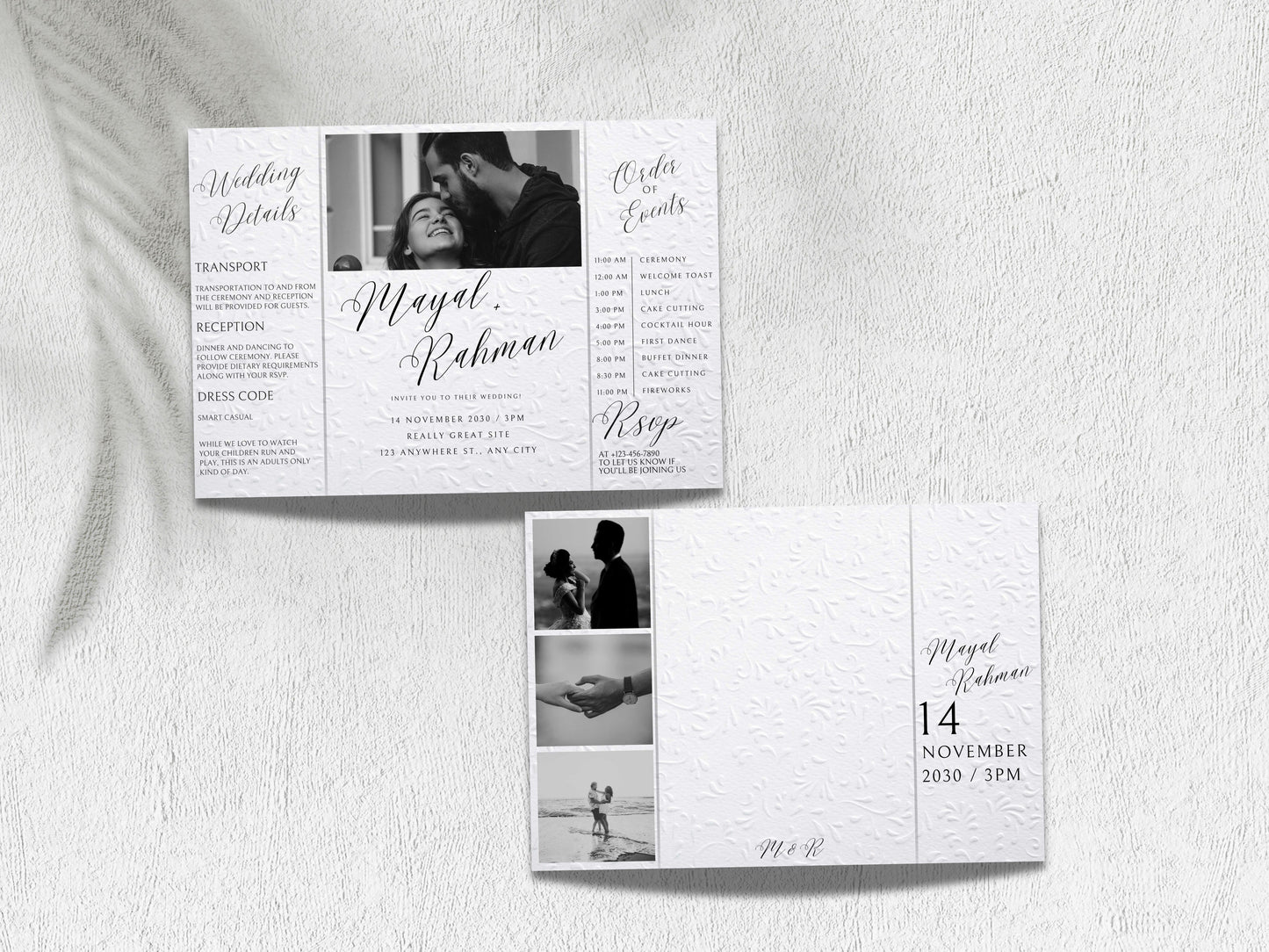 Gatefold Wedding Invitation Template | Elegant Black & White Folded Invite with RSVP Timeline | Printable Wedding Card with Photo. WEIB122