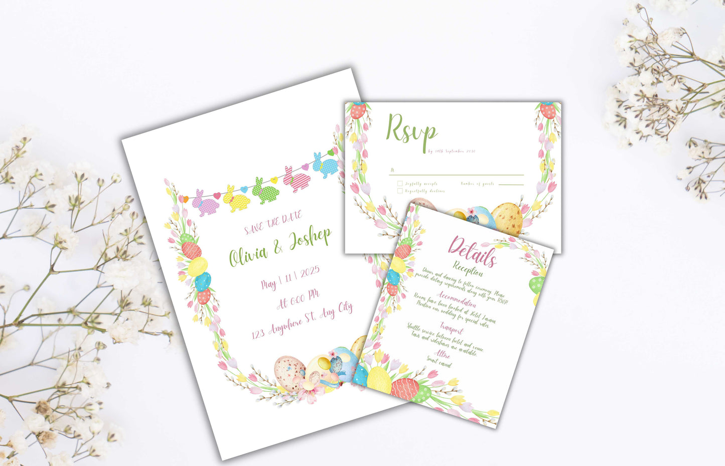 Easter Wedding Invitation Suite, Colorful Wedding Invitation Template, Editable Template, Floral invitation, Easter Wedding Bundle. WSB64