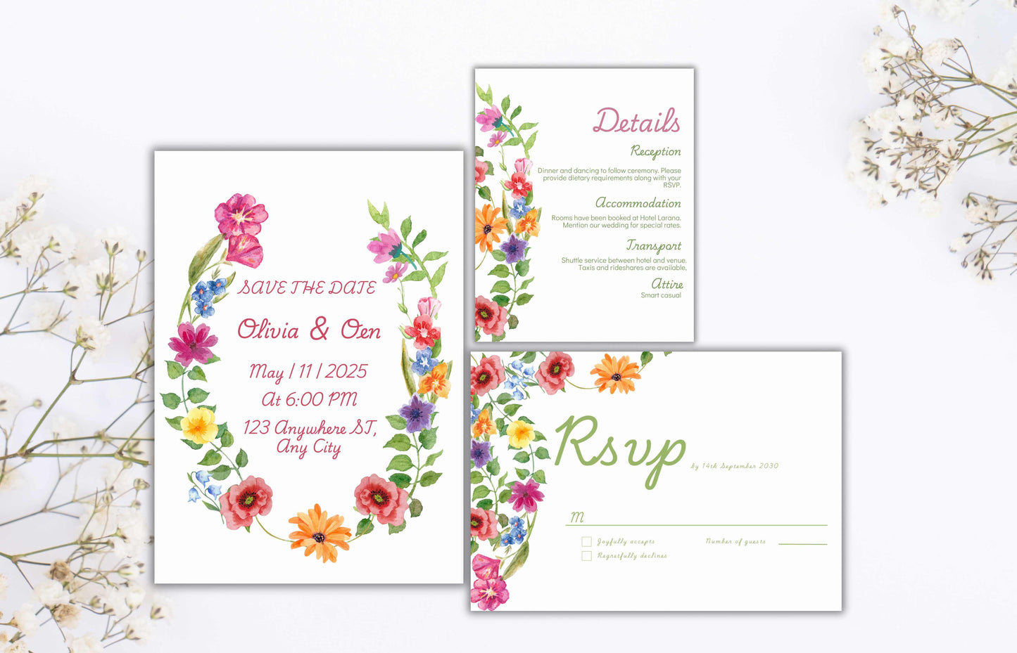 Pink Floral Wedding Invitation Template, Summer Wedding Invitation Suite, Botanical Invitation, Instant Download. WSB63