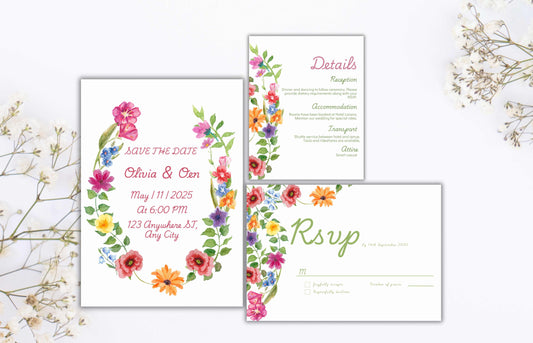 Pink Floral Wedding Invitation Template, Summer Wedding Invitation Suite, Botanical Invitation, Instant Download. WSB63