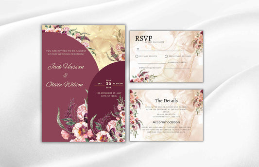 Burgundy Wedding Invitation Template, Wedding Invite Suite, Details Card, Template, Printable RSVP, Download. WI93