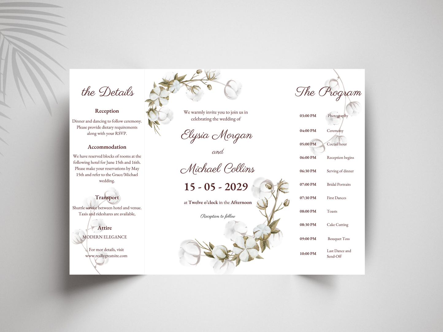Floral Wedding Invitation Template | Folded Wedding Program & Details Card | Printable Rustic Boho Wedding Invite | Editable Template. WI176