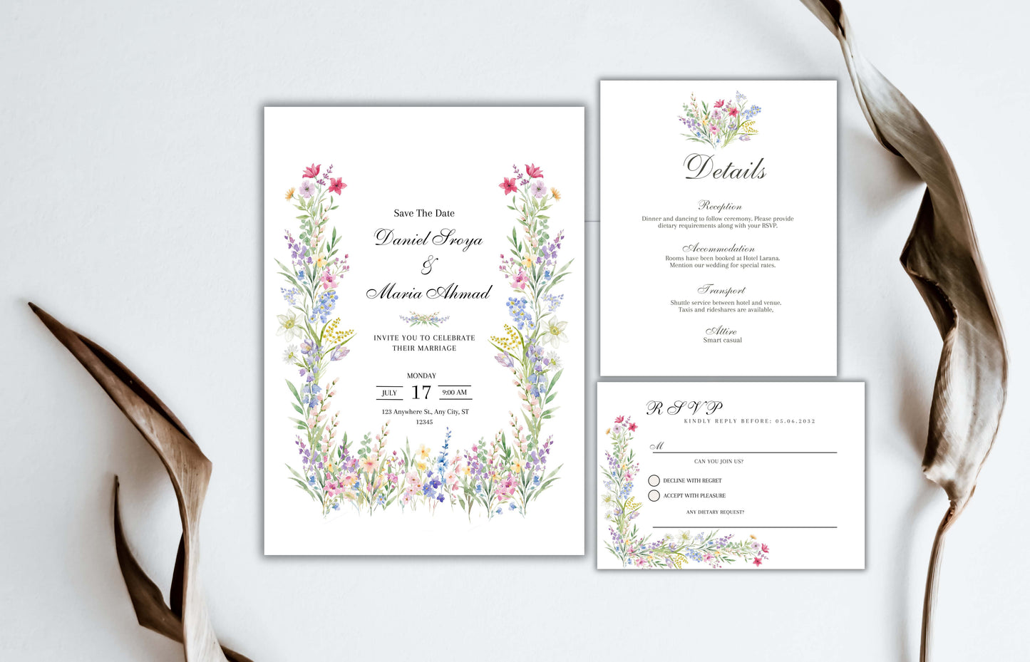 Colorful Flowers Wedding Invitation, Floral Wedding Invite, Editable RSVP, Details Card, Elegant Wedding Invite Template, WIB86