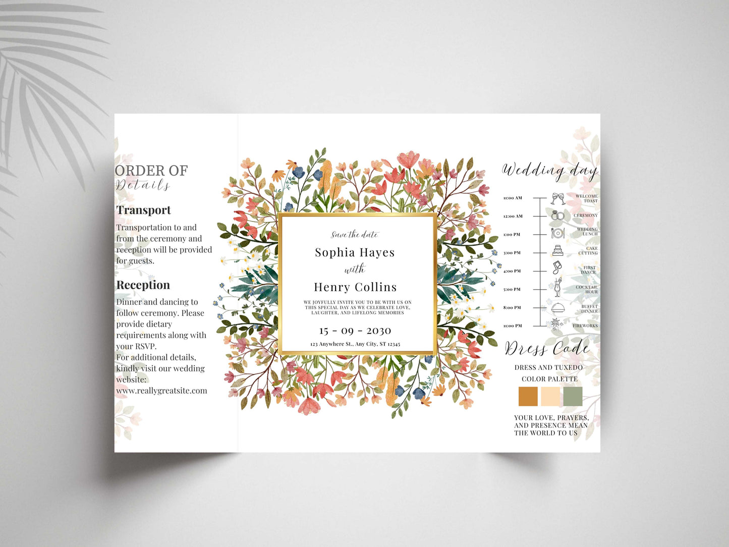 Floral Wedding Invitation Template | Save the Date with Timeline Schedule & Dress Code | Elegant Editable Printable Invite. WI169