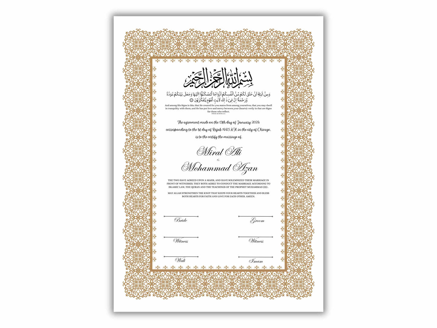 Luxury Nikkah Certificate, Premium A4/A3 Islamic Wedding Contract, Nikkah Nama, Muslim Marriage Certificate, Personalised Names, NN198