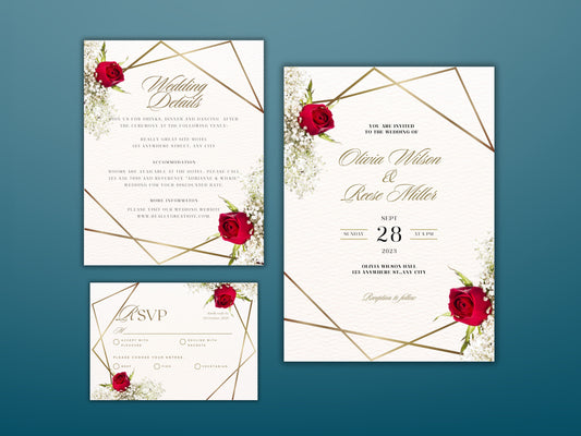 Red Rose Wedding Invitation Template , Red rose Invite, Elegant Red Rose wedding Invitation, Editable, Rsvp, Details, Digital Download. WT49