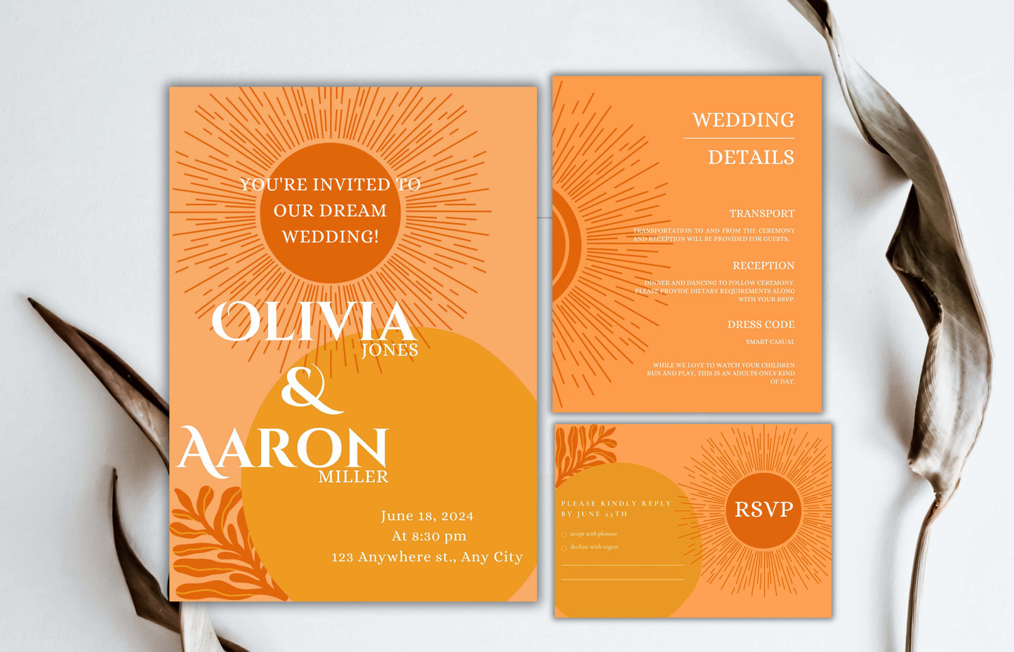 Retro Sunburst Wedding Invitations | Retro Themed Wedding Invitation Set | Editable Modern Digital Download Invite Template | Boho. WI109