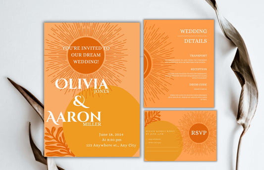 Retro Sunburst Wedding Invitations | Retro Themed Wedding Invitation Set | Editable Modern Digital Download Invite Template | Boho. WI109