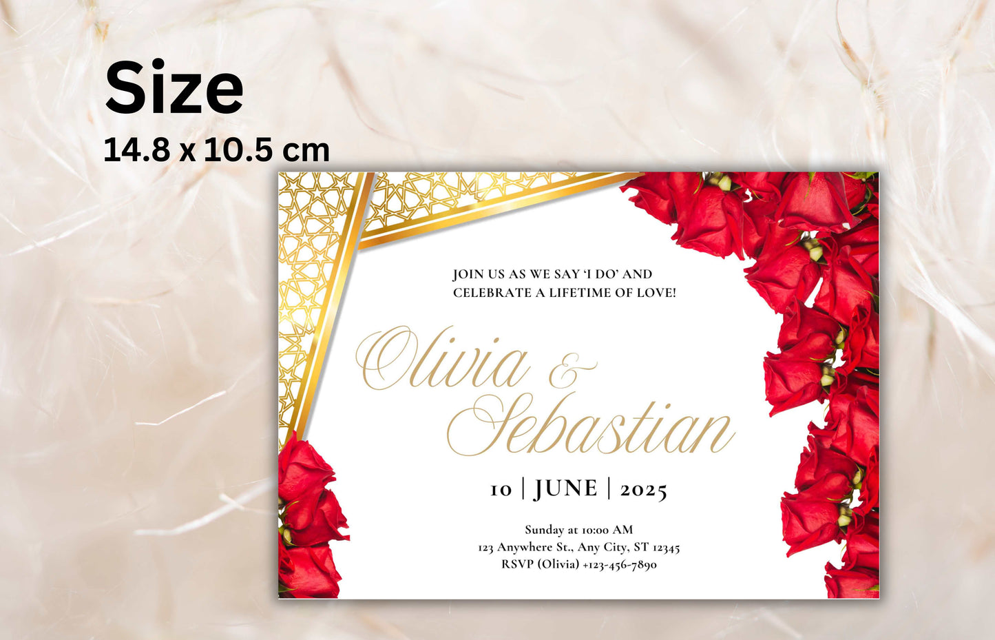 Elegant Red Roses Wedding Invitation - Editable Digital Template for Print - Customizable Romantic Wedding Invitation. WIB74