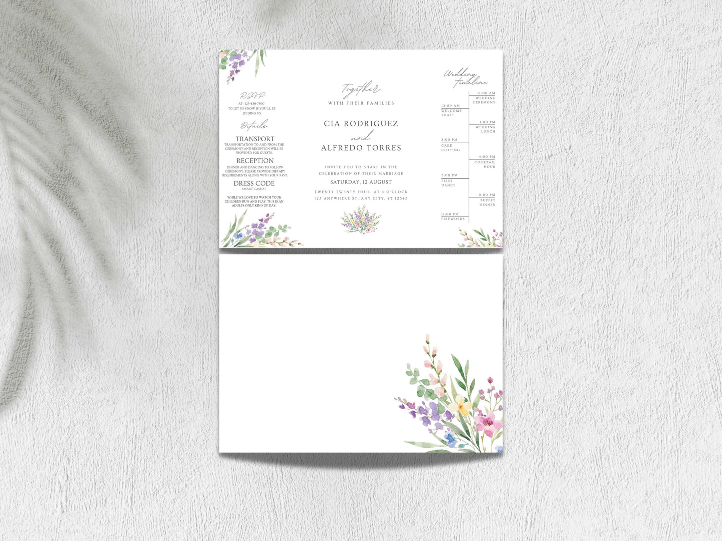 Elegant Floral Gatefold Wedding Invitation | Modern Minimalist Invite | Rustic Boho Wedding Card with Timeline & RSVP Details. WI131