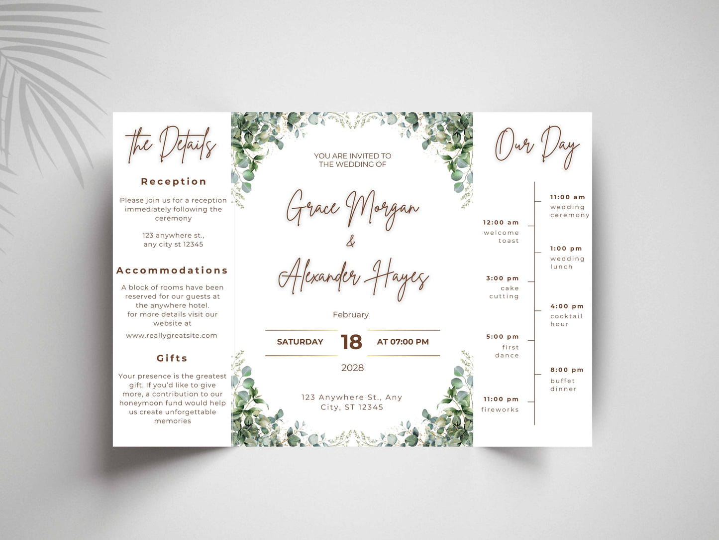 Elegant Greenery Wedding Invitation Template | Modern Eucalyptus Wedding Invite Itinerary & Details Card | Printable Digital Download.WI166