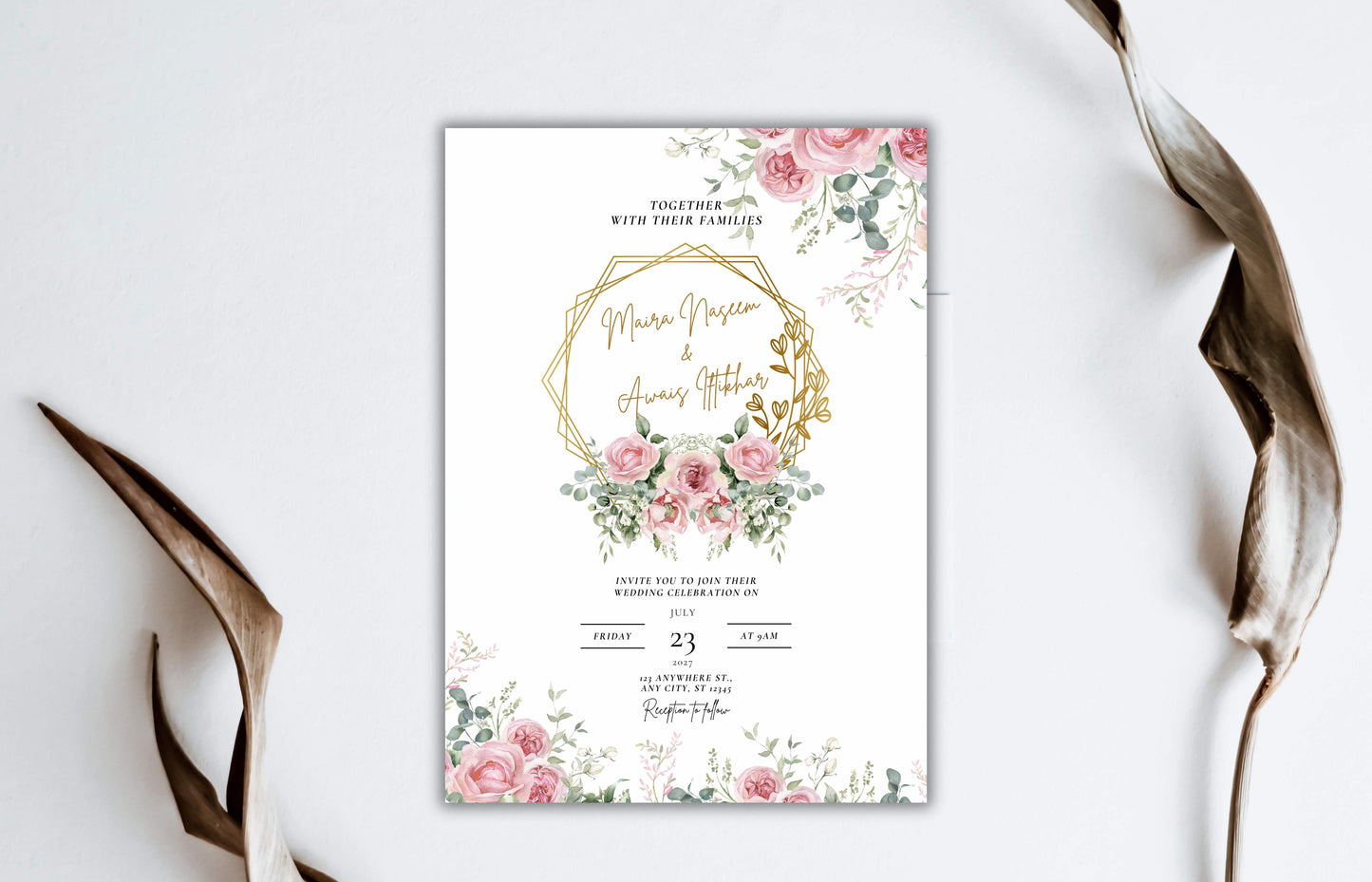 Floral Wedding Invitation Template , Pink Red Roses Invite, Elegant wedding Invitation, Editable, Rsvp, Details, Digital Download. WI112